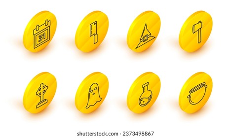 Set line Halloween witch cauldron, Bottle with potion, Ghost, Tombstone cross, Wooden axe, Witch hat, Meat chopper and Calendar date 31 october icon. Vector