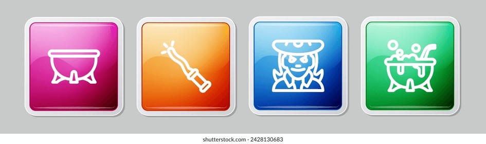 Set line Halloween witch cauldron, Magic wand, Witch and . Colorful square button. Vector