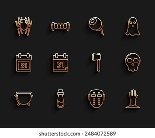 Set line Halloween witch cauldron, Bottle with potion, Spider, Hockey mask, Zombie hand, Calendar date 31 october, Skull and Wooden axe icon. Vector