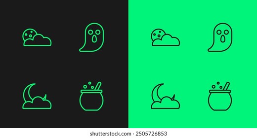 Set line Halloween witch cauldron, Moon and stars,  and Ghost icon. Vector