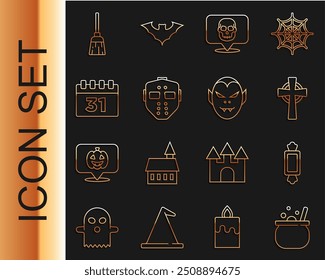 Set line Halloween witch cauldron, Candy, Tombstone with cross, Skull, Hockey mask, Calendar, Witches broom and Vampire icon. Vector