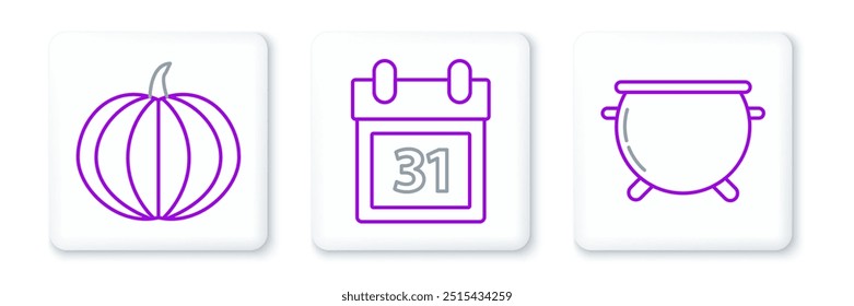 Set line Halloween witch cauldron, Pumpkin and Calendar with date 31 october icon. Vector