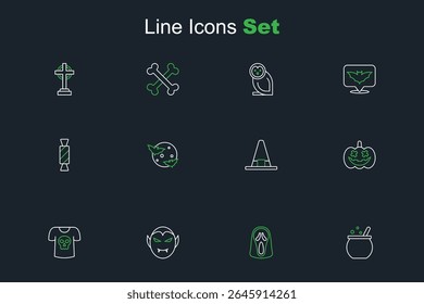 Set line Halloween witch cauldron, Funny and scary ghost mask, Vampire, Shirt with skull, Pumpkin, Witch hat, Moon stars and Candy icon. Vector