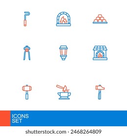 Set line Hammer, Anvil and hammer, Sledgehammer, Blacksmith oven, pliers tool, Garden light lamp, Gold bars and  icon. Vector