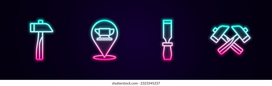 Ajuste la línea de martillo, herramienta de yunque de herrero, archivo de metal Rasp y martillo cruzado. Icono de neón brillante. Vector