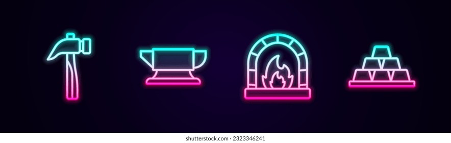 Ponga la línea Hammer, herramienta de yunque de herrero, horno y barras de oro. Icono de neón brillante. Vector