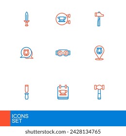 Set line Hammer, Blacksmith anvil tool, Rasp metal file, Horseshoe, Welding glasses,  and  icon. Vector