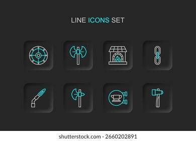 Martillo, herramienta de yunque de herrería, hacha medieval, antorcha de soldadura, Enlace de cadena, horno, polea e ícono de escudo redondo. Vector