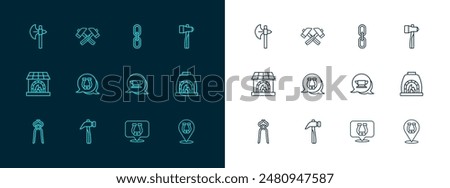 Set line Hammer, Blacksmith anvil tool, Horseshoe, Chain link, Medieval axe and Crossed hammer icon. Vector