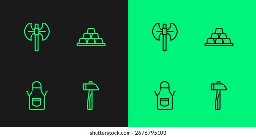 Martillo, delantal de herrería, polea medieval e icono de barras de oro. Vector