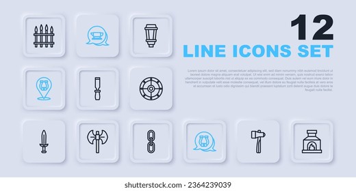 Fijar línea martillo, horno herrero, archivo de metal Rasp, herradura, polea medieval, herramienta de yunque e icono de enlace de cadena. Vector