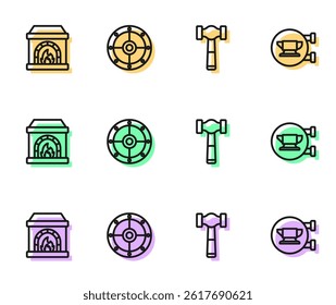 Set line Hammer, Blacksmith oven, Round shield and anvil tool icon. Vector