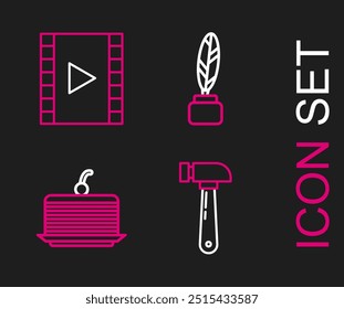 Set line Hammer, Cake, Feather and inkwell and Play Video icon. Vector