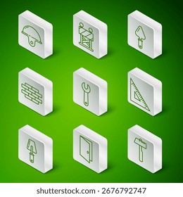 Martillo, puerta cerrada, casco de seguridad del trabajador, llave inglesa, ladrillos, barrera de carretera, paleta e ícono de Regla triangular. Vector