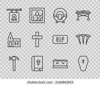 Martillo de línea, ataúd con cruz, corona conmemorativa, libro sagrado de la biblia, lápida de carteles, icono cristiano, muerto y clavos metálicos. Vector