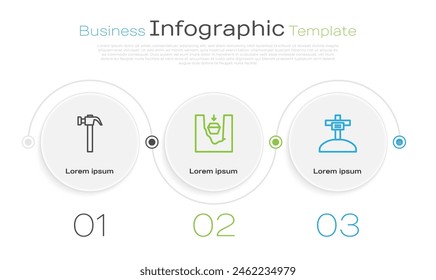 Set line Hammer, Coffin in grave and Grave with cross. Business infographic template. Vector