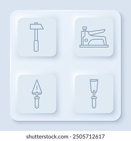 Set line Hammer, Construction stapler, Trowel and Putty knife. White square button. Vector