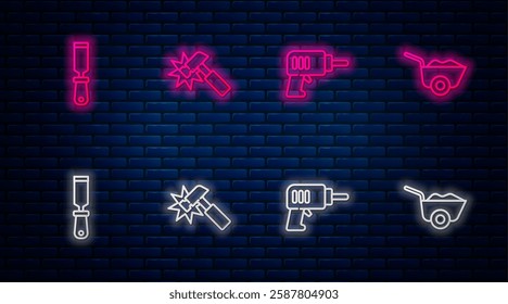 Set line Hammer, Electric drill machine, Rasp metal file and Wheelbarrow. Glowing neon icon on brick wall. Vector