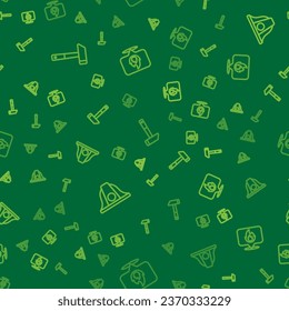 Set line Hammer, Firefighter helmet and Location with fire flame on seamless pattern. Vector