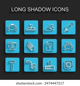 Set line Hammer, Folder tree, Taxi car, Loading, Police badge, Falling star, Car wash and Unknown document icon. Vector