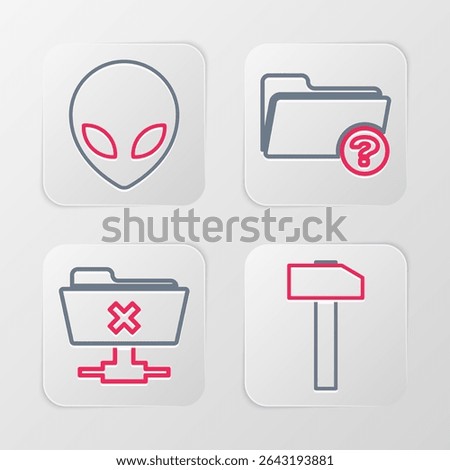 Set line Hammer, FTP cancel operation, Unknown directory and Alien icon. Vector