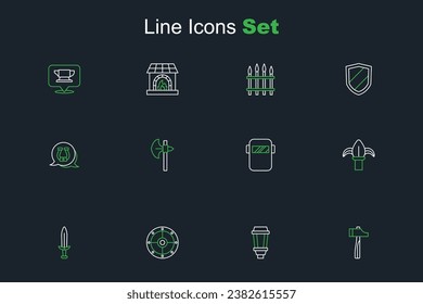 Set line Hammer, Garden light lamp, Round shield, Medieval sword, Classic iron fence, Welding mask, axe and Horseshoe icon. Vector
