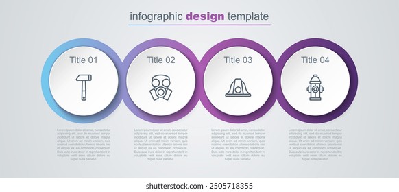 Set line Hammer, Gas mask, Firefighter helmet and hydrant. Business infographic template. Vector