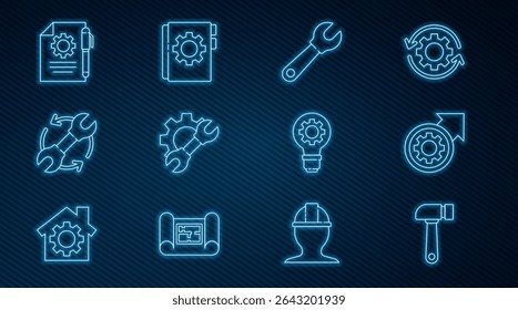 Set line Hammer, Gear and arrows as workflow process, Wrench spanner, gear, Document settings pen, Light bulb and User manual icon. Vector