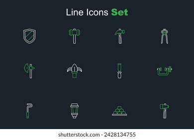 Set line Hammer, Gold bars, Garden light lamp, Fire poker, Clamp and screw tool, Rasp metal file, Classic iron fence and Medieval axe icon. Vector