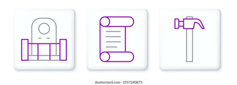 Set line Hammer, Grave with tombstone and Decree, parchment, scroll icon. Vector