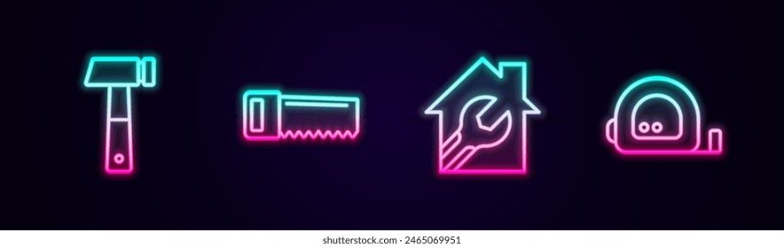 Set line Hammer, Hand saw, House with wrench spanner and Roulette construction. Glowing neon icon. Vector