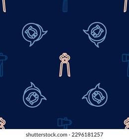 Set line Hammer, Horseshoe and Blacksmith pliers tool on seamless pattern. Vector
