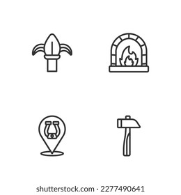 Set line Hammer, Horseshoe, Classic iron fence and Blacksmith oven icon. Vector