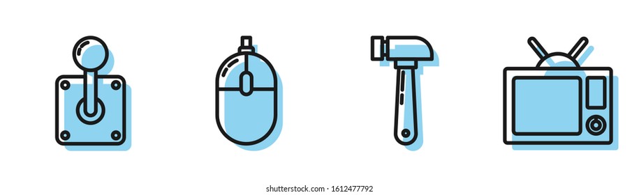 Set line Hammer, Joystick for arcade machine, Computer mouse and Television icon. Vector