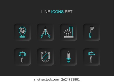 Set line Hammer, Espada Medieval, Escudo, Sledgehammer, Fire poker, Smithy oficina interior, Ventilador de ar fole e Horseshoe ícone. Vetor