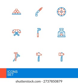 Set line Hammer, Metallic nails, Blacksmith oven, Crossed hammer, Fire poker, Round shield and Welding torch icon. Vector