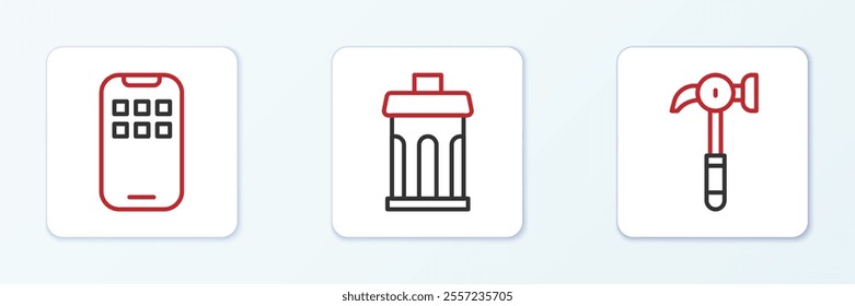 Set line Hammer, Mobile Apps and Trash can icon. Vector
