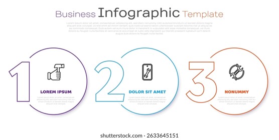 Set line Hammer, Mobile service and Wrench and arrows as workflow. Business infographic template. Vector