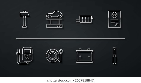 Set line Hammer, Multimeter, Auto service check automotive, Car battery, Tire pressure gauge, Repair car on lift, Screwdriver and muffler icon. Vector