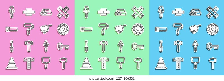 Set line Hammer, Old key, Circular saw blade, Industry metallic pipe, Paint roller brush, Hand, Trowel and Shovel icon. Vector