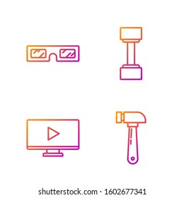Set line Hammer, Online play video, 3D cinema glasses and Dumbbell. Gradient color icons. Vector