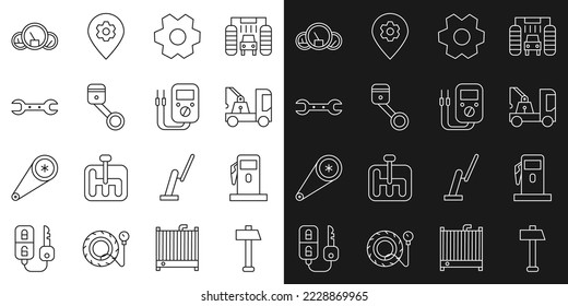 Set line Hammer, Petrol or Gas station, Tow truck, Gear, Engine piston, Wrench spanner, Speedometer and Multimeter icon. Vector