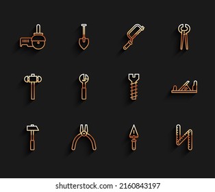 Set line Hammer, Pliers tool, Angle grinder, Trowel, Folding ruler, Adjustable wrench, Wood plane and Metallic screw icon. Vector