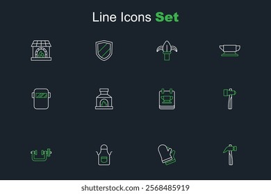 Set line Hammer, Protective gloves, Blacksmith apron, Clamp and screw tool, anvil, oven and Welding mask icon. Vector