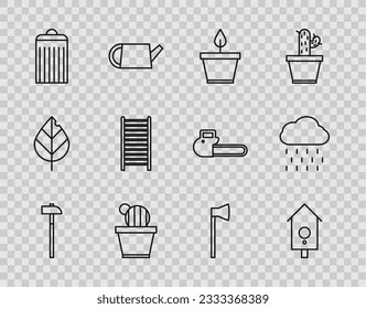 Set line Hammer, Retro wall watch, Plant in pot, Cactus and succulent, Trash can, Wooden staircase, axe and Cloud with rain icon. Vector