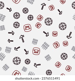 Set line Hammer, Round shield, Classic iron fence and Blacksmith anvil tool on seamless pattern. Vector