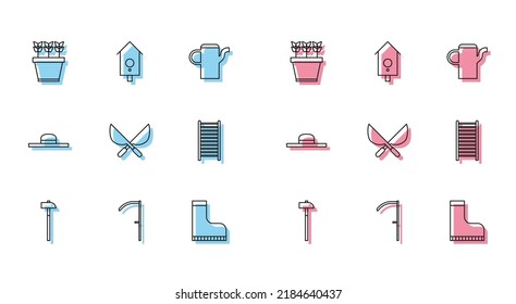 Set line Hammer, Scythe, Plants in pot, Waterproof rubber boot, Gardening handmade scissors, Wooden staircase, Worker hat and Retro wall watch icon. Vector