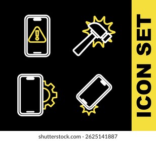 Set line Hammer, Shockproof phone, Phone repair service and Mobile with exclamation mark icon. Vector