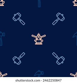 Set line Hammer, Sledgehammer and Anvil and on seamless pattern. Vector