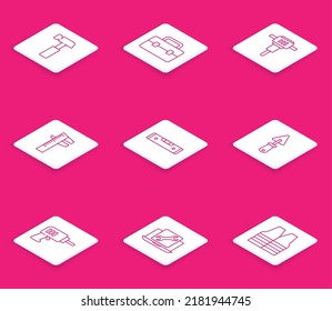 Set-Line-Hammer, Toolbox, Konstruktionsjackhammer, Kaliber oder Kaliber und Maßstab, Luftblasen-Ebene, Trowel, Elektrische Bohrmaschine und Laptop-Service-Icon. Vektorgrafik